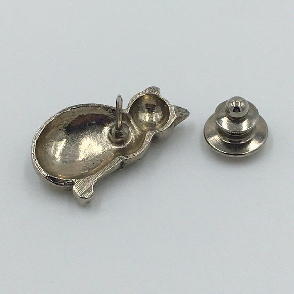 KITTY CAT Lapel Pin, Silver Tone, Yellow Amber Color Crystal Rhinestone Eyes - Picture 2 of 2